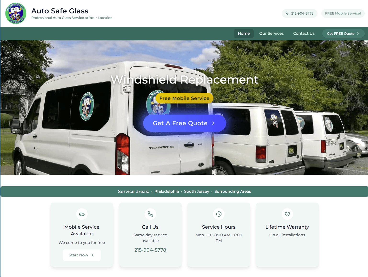 Auto Safe Glass 汽车玻璃服务网站项目案例 - 上门服务和保险协助